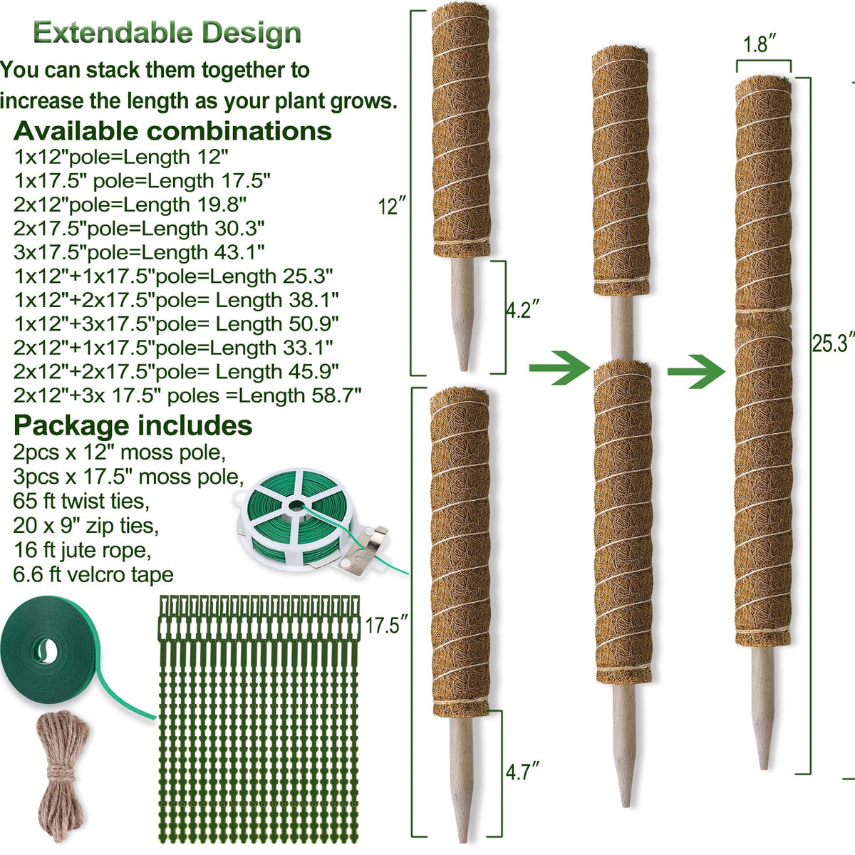Fabulas extendable moss pole design stacks poles as plants grow