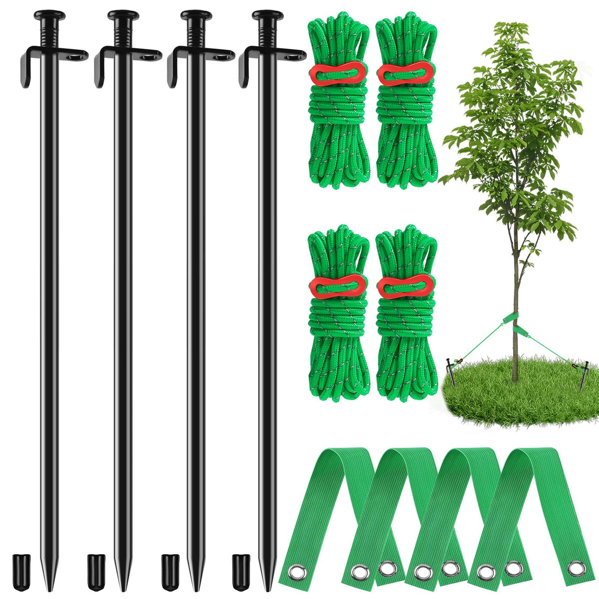 Fabulas tree stakes kit shows 11.8-inch steel stakes for sturdy tree support.