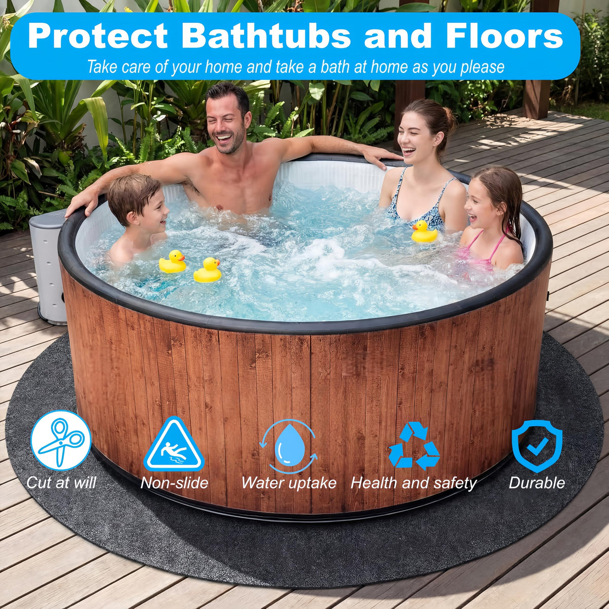 FACAINCXS hot tub mat illustrating non-slip and noise reduction benefits