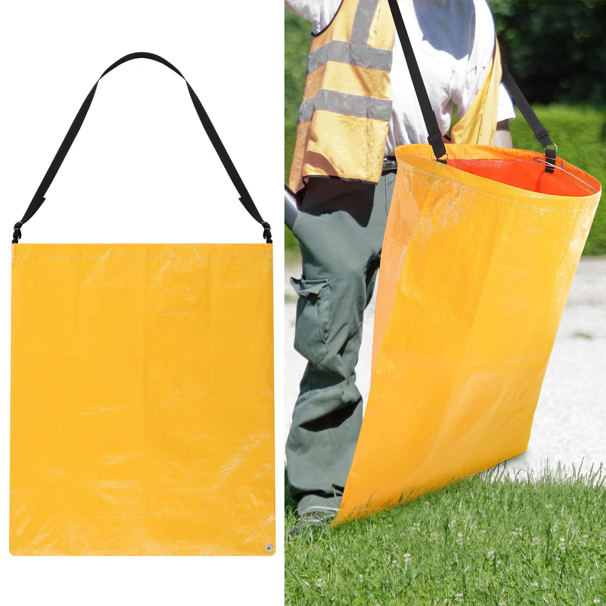 Faccito litter bag with shoulder strap in use for easy outdoor cleanup.