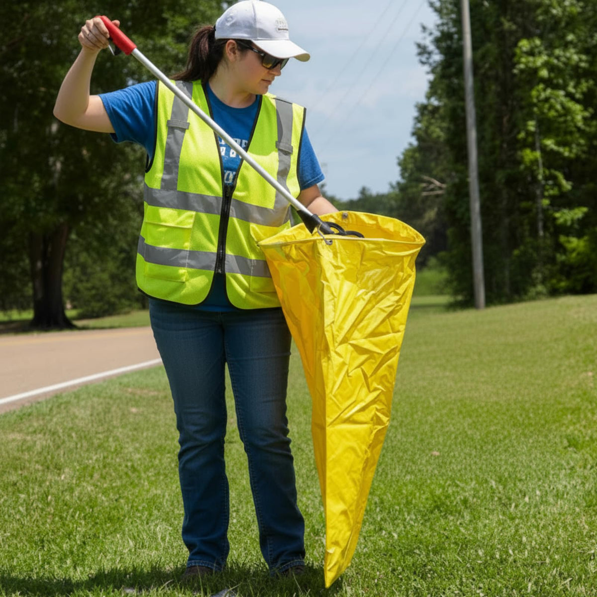Faccito yellow bag with strap in action during yard cleanup.
