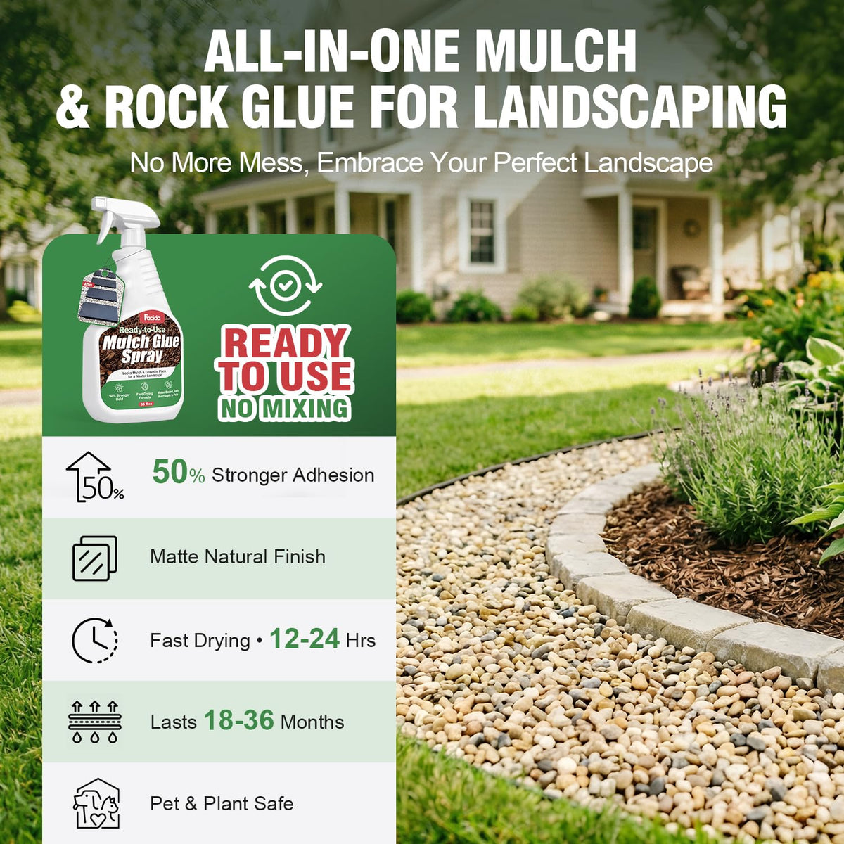 Facida sprayer provides uniform coverage on mulch and small stones.