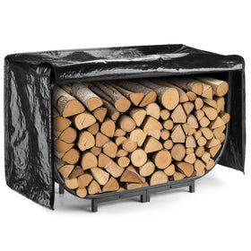 Facka 40-inch firewood rack front view with weatherproof cover.