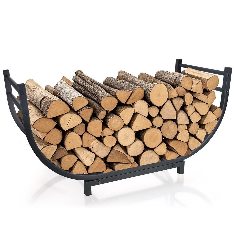 Facka curved firewood rack showing 30-inch length for organized logs and easy access