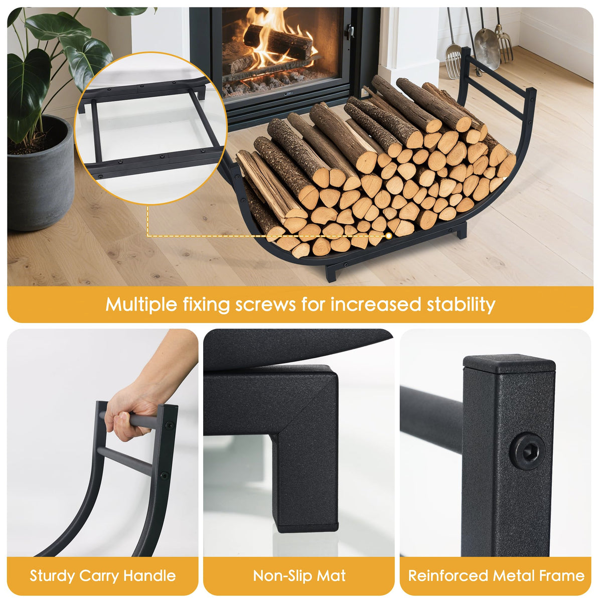 Facka curved firewood rack with non-slip feet protecting floors