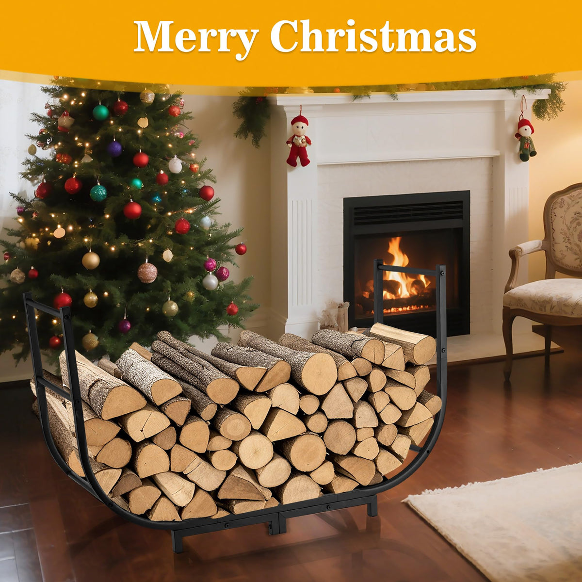 Facka indoor/outdoor firewood rack beside the hearth.