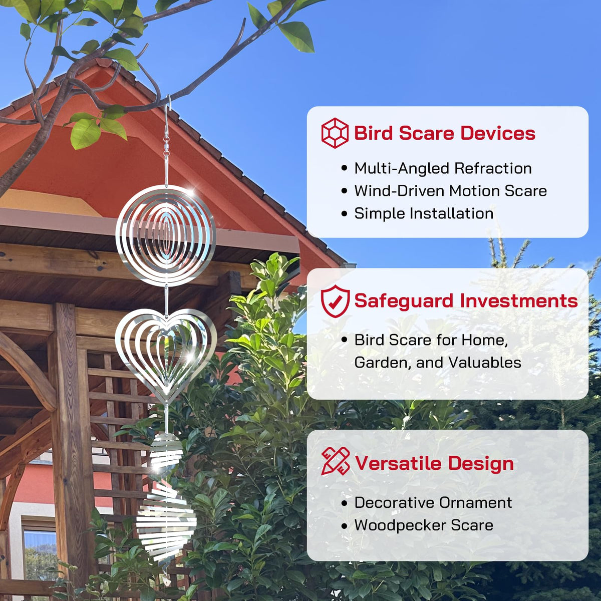 Factee stainless steel wind spinner for gardens deters pigeons and woodpeckers with movement.