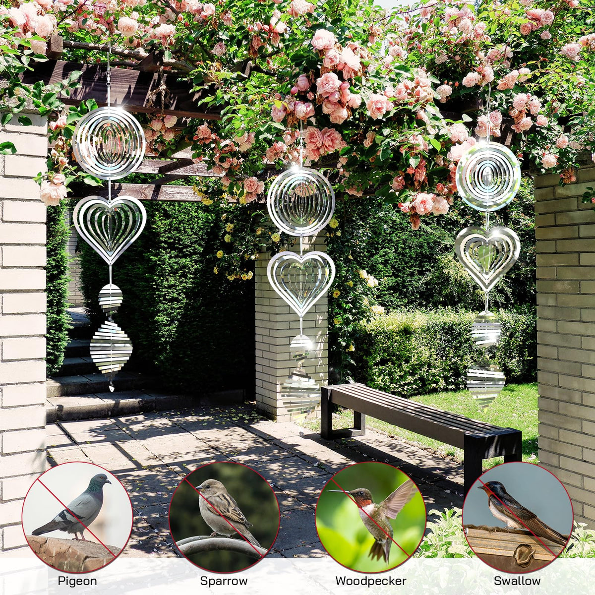 Factee sunlit reflection deters birds while adding stylish sparkle to patios.