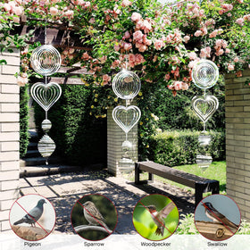 Factee sunlit reflection deters birds while adding stylish sparkle to patios.