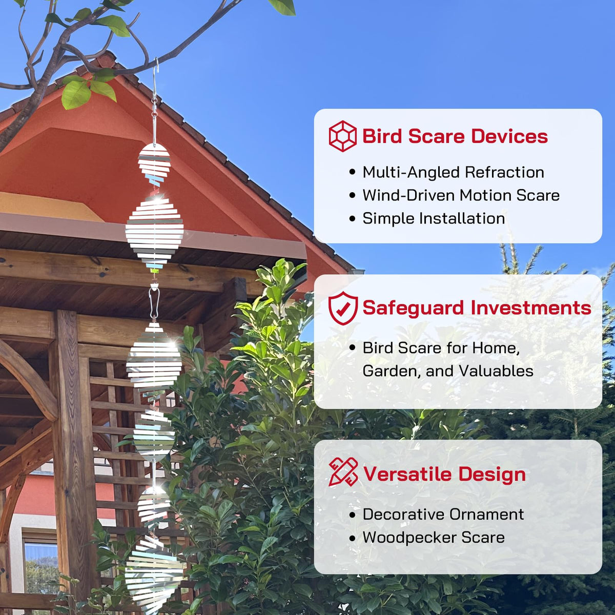 Factee wind spinner for outdoors provides reflective deterrence and graceful motion in the garden.