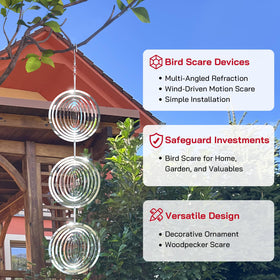 Factee wind spinner uses sunlight reflection to gently discourage pigeons and other birds.