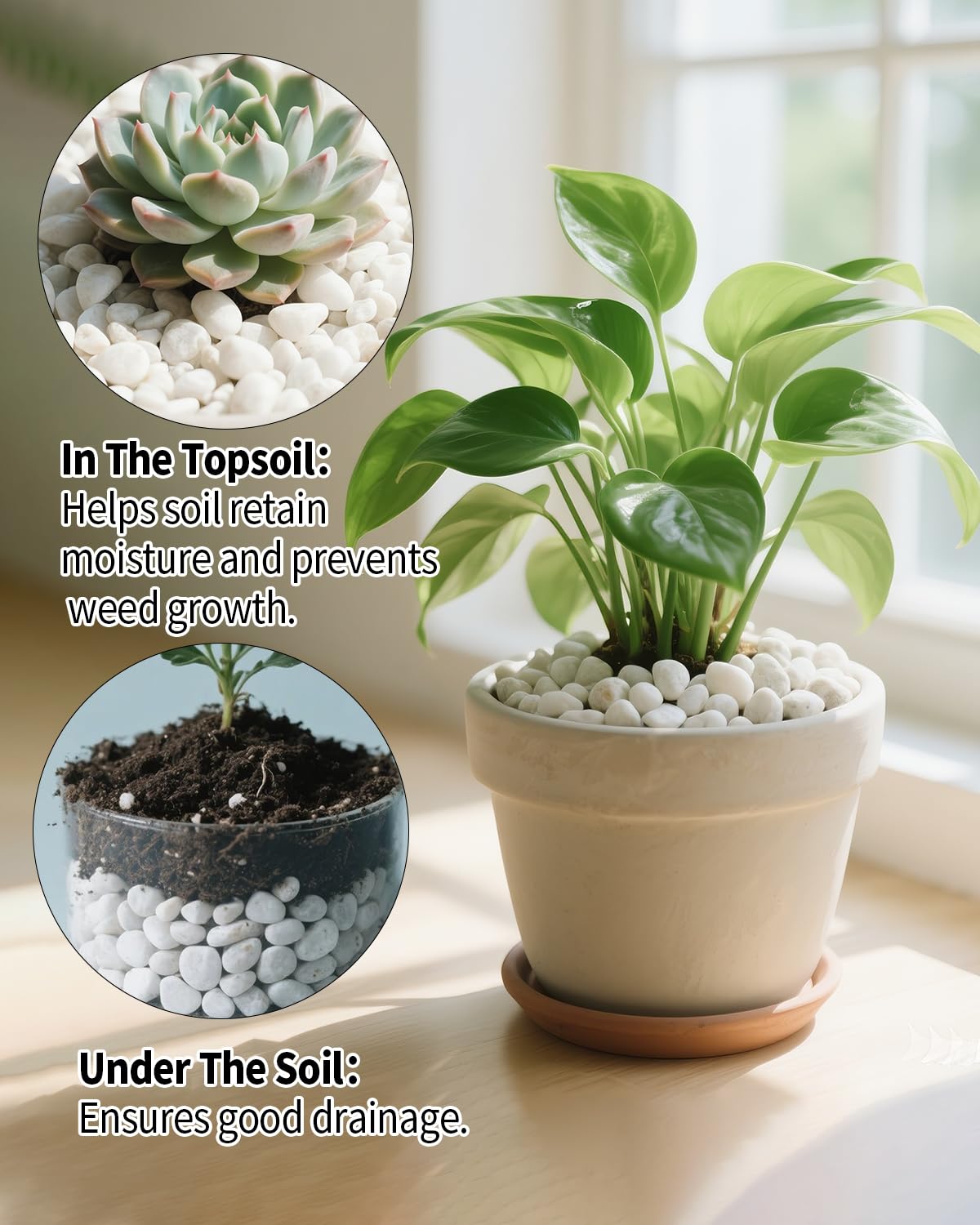 Decorative terrarium or vase with Fahaxiki pebbles provides a polished fade resistant finish.