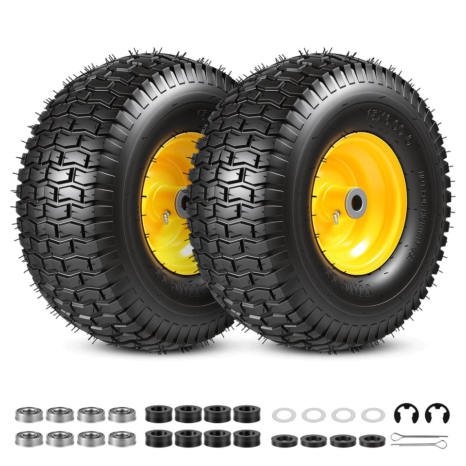 FAHKNS 156x6-6 tire-wheel assembly for riding mowers enhances stability on uneven lawns.