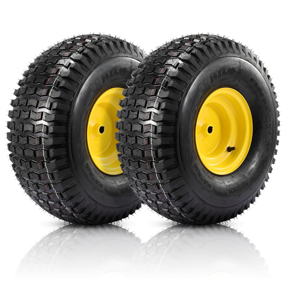 FAHKNS 20x8-8 rear tire assembly for riding mowers, built for durability.