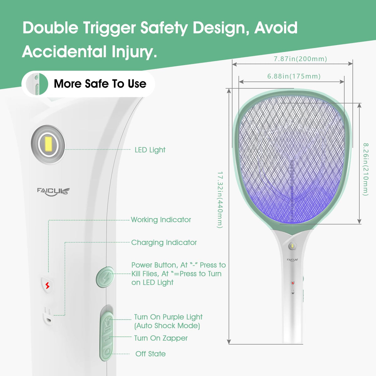 Faicuk 2-in-1 green zapper back view showing safety mesh.
