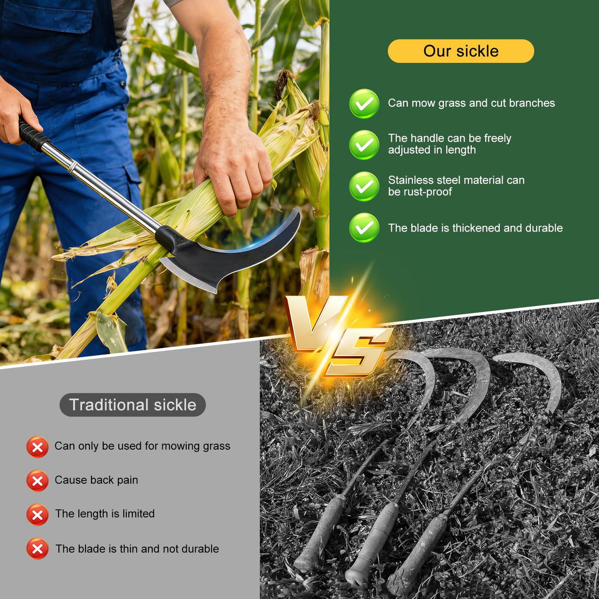 Failenfeivp Sickle Weeding Tool thickened-stainless-steel-handle ensures durability