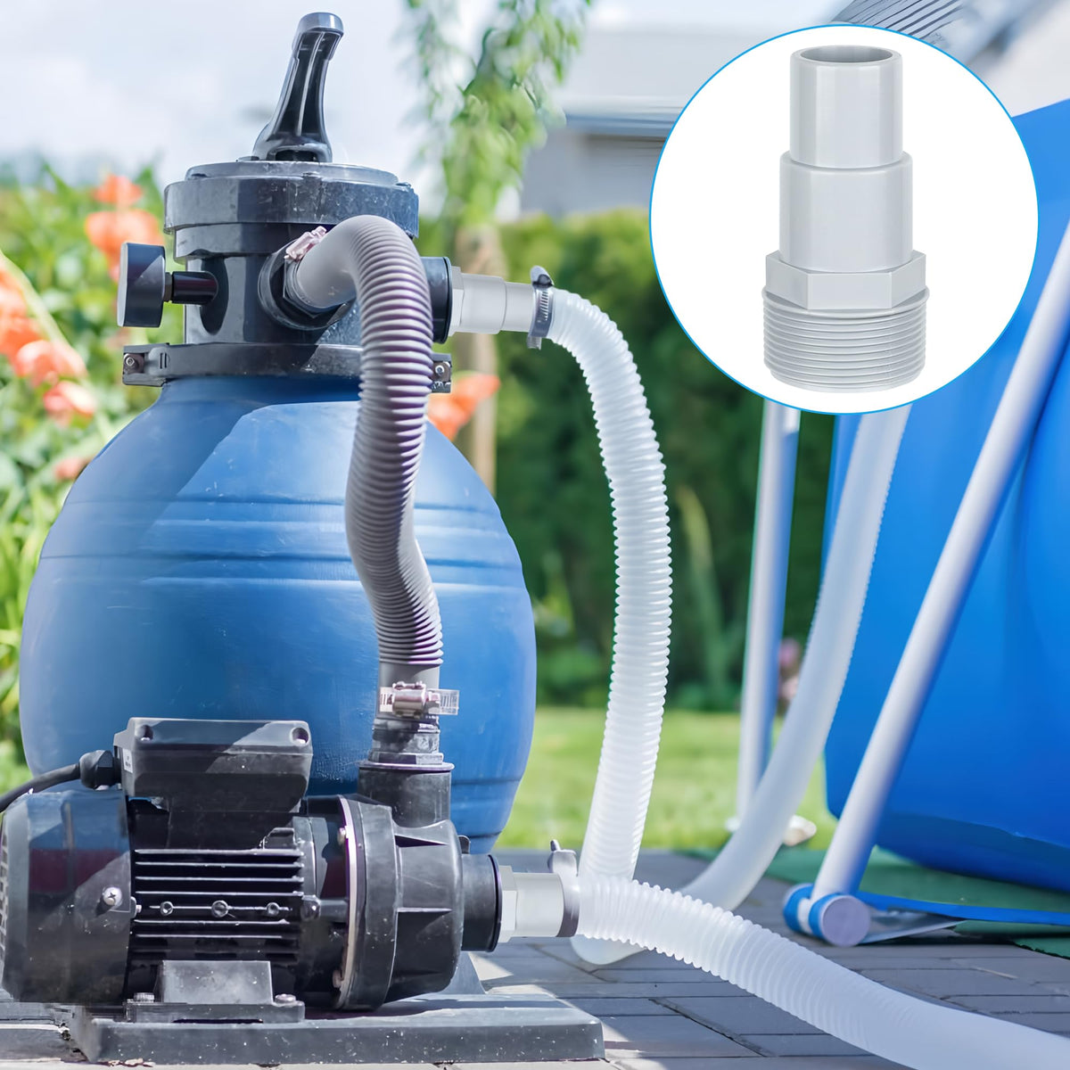 Fairooth above-ground pool pump setup with adapters.
