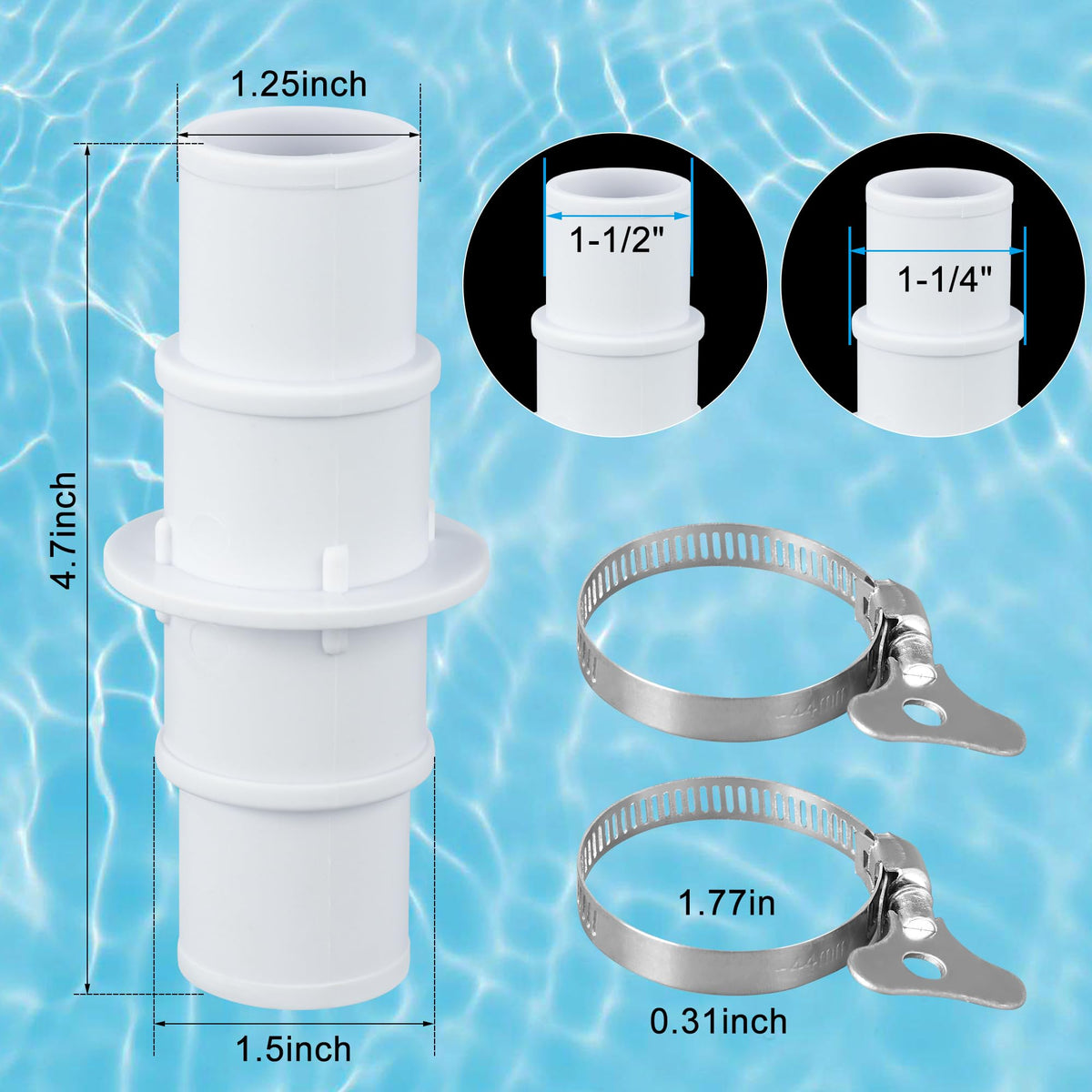Stainless steel clamps secure hoses for leak-free operation in pool maintenance.