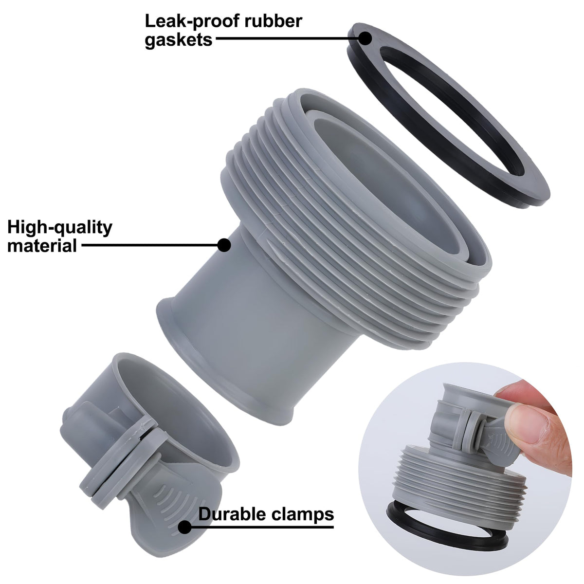 Fairooth Type B connector on pump; compatible with various hoses