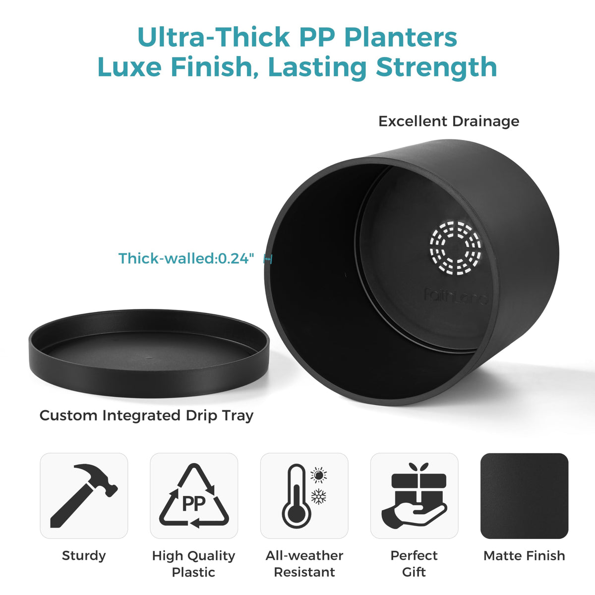 FaithLand 8-Inch Modern Cylinder Planter with thick walls for lasting durability