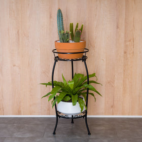 FaithLand two-tier round potted stand creates a balanced corner display.