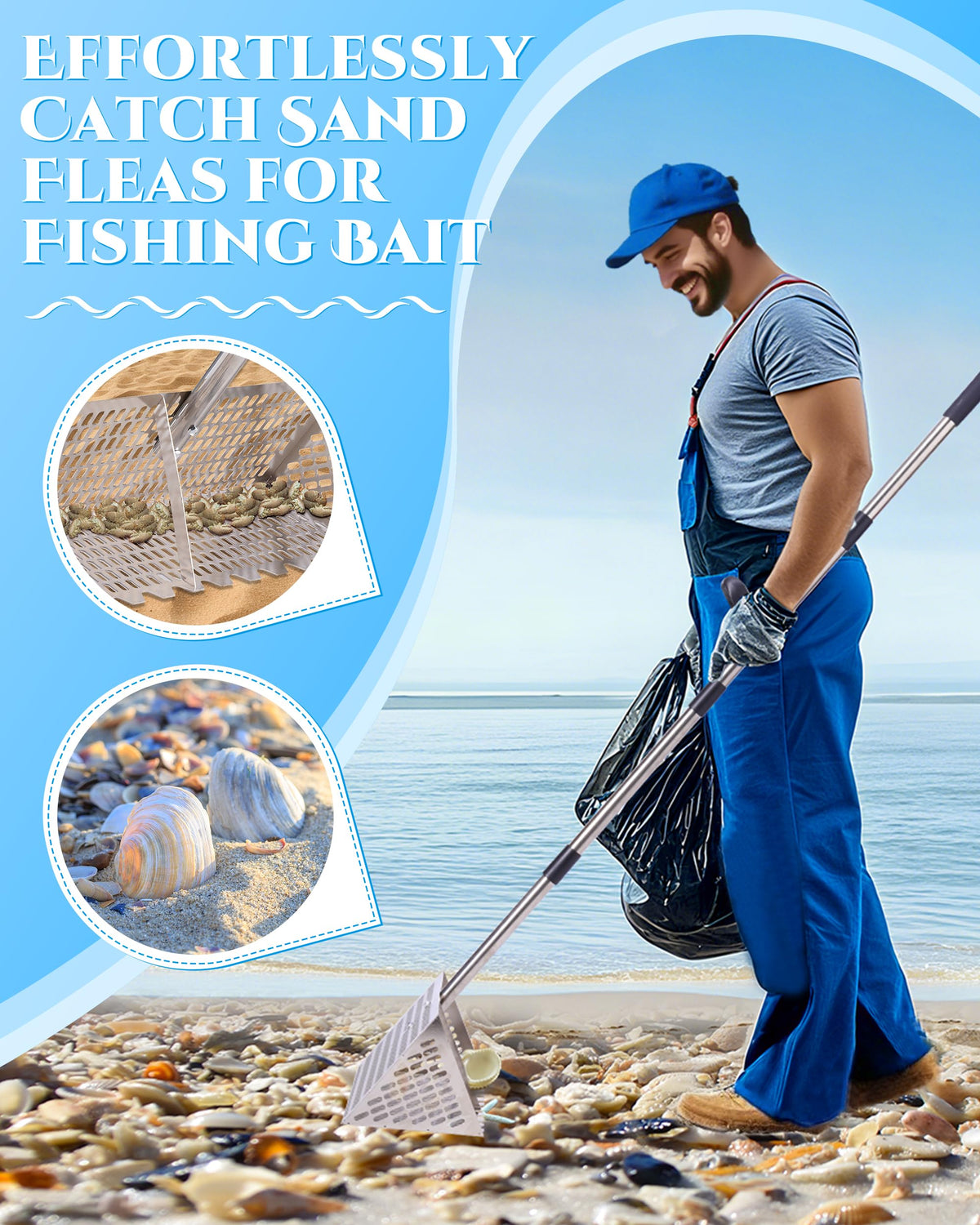 FAITIO Sand Flea Rake detachable handle extends to 54 inches for reach.