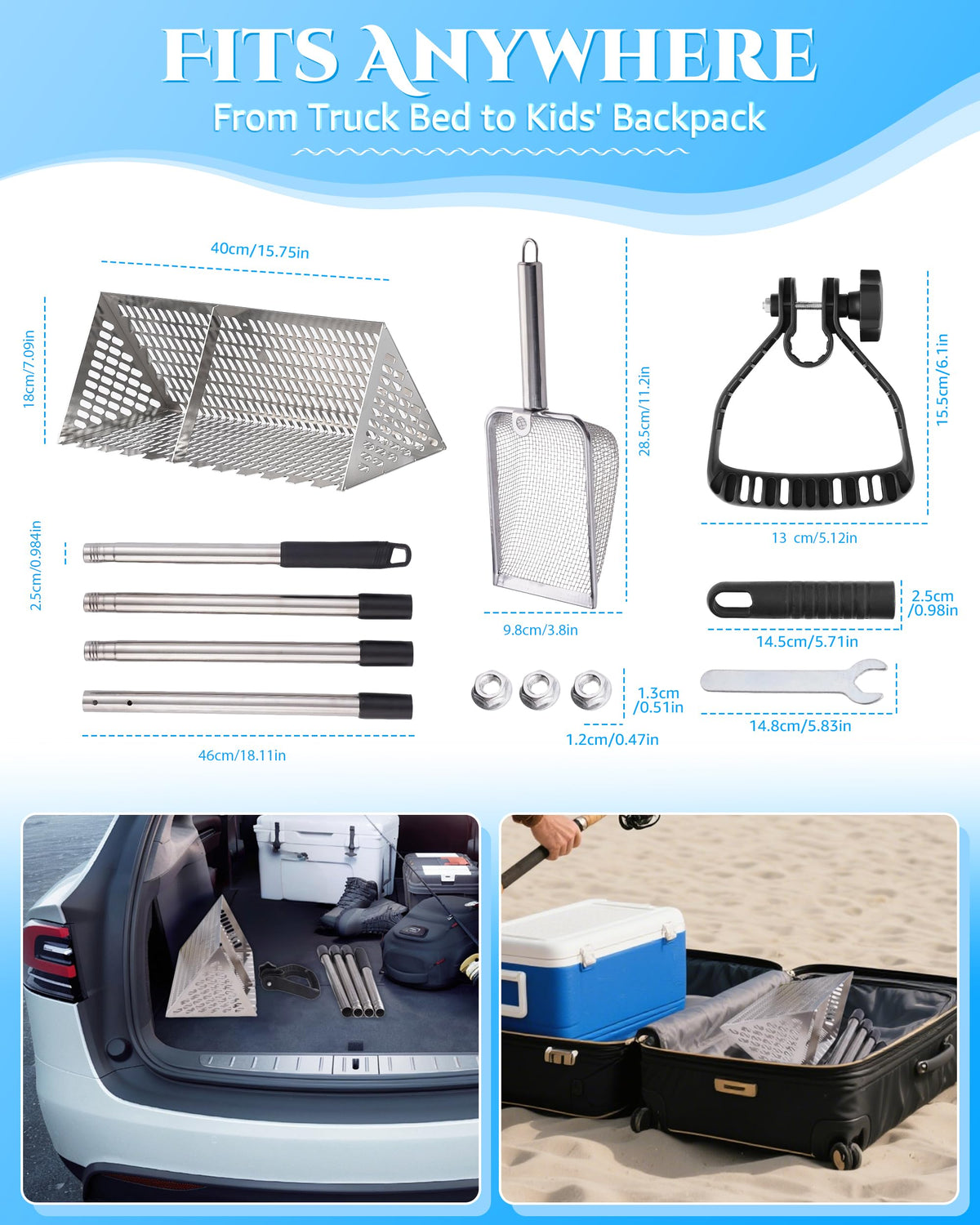 FAITIO Multi-surface rake for beach, shelling, and yard cleanup.