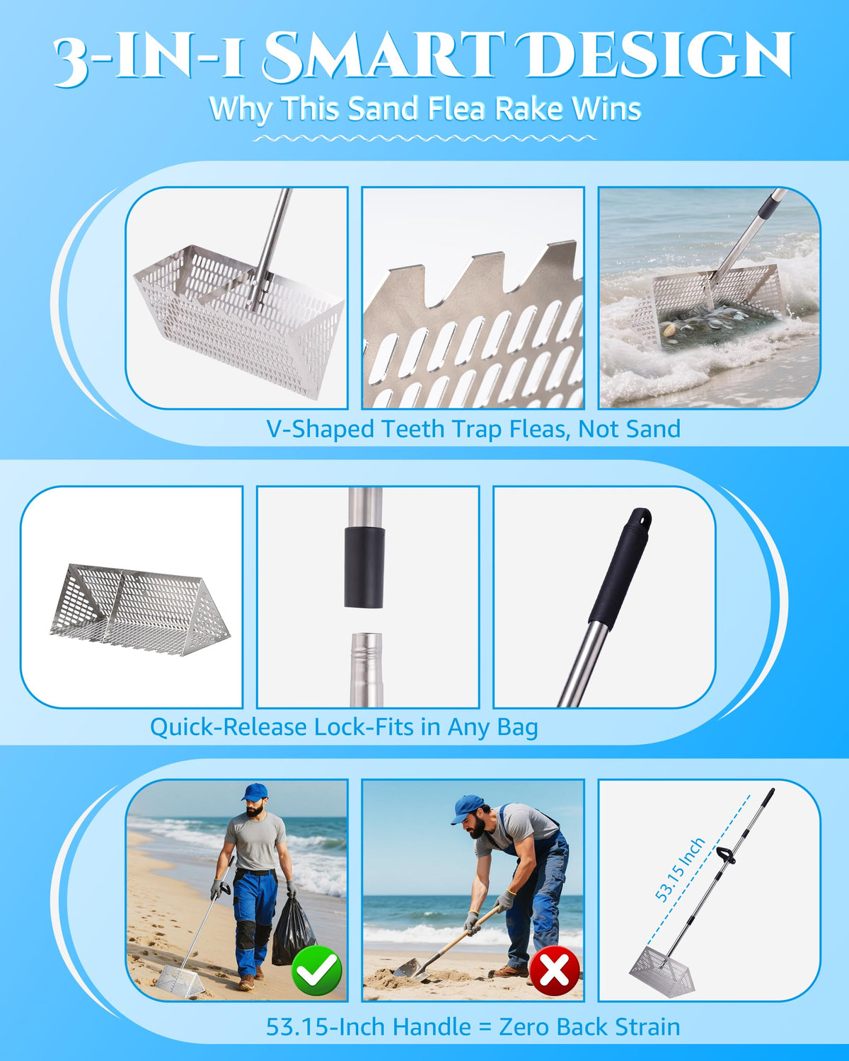 FAITIO Stainless steel rust-resistant rake for saltwater use.