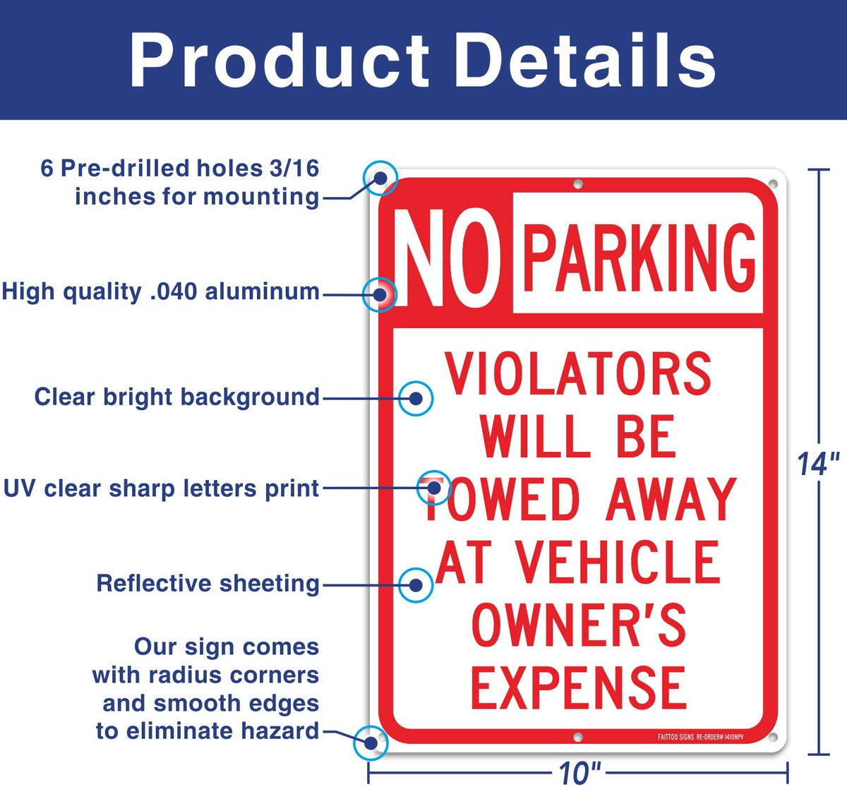 Faittoo No Parking Sign with reflective surface for night readability.