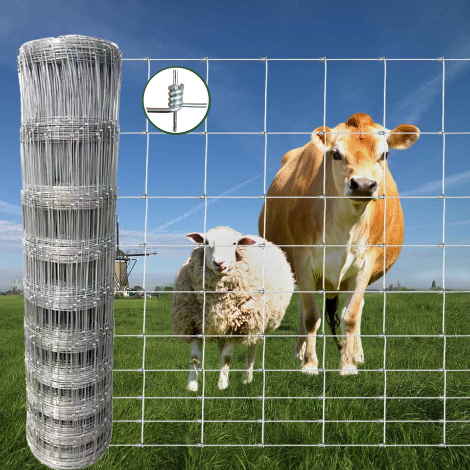Falanava farm fence closeup shows galvanized wire for long-lasting durability.