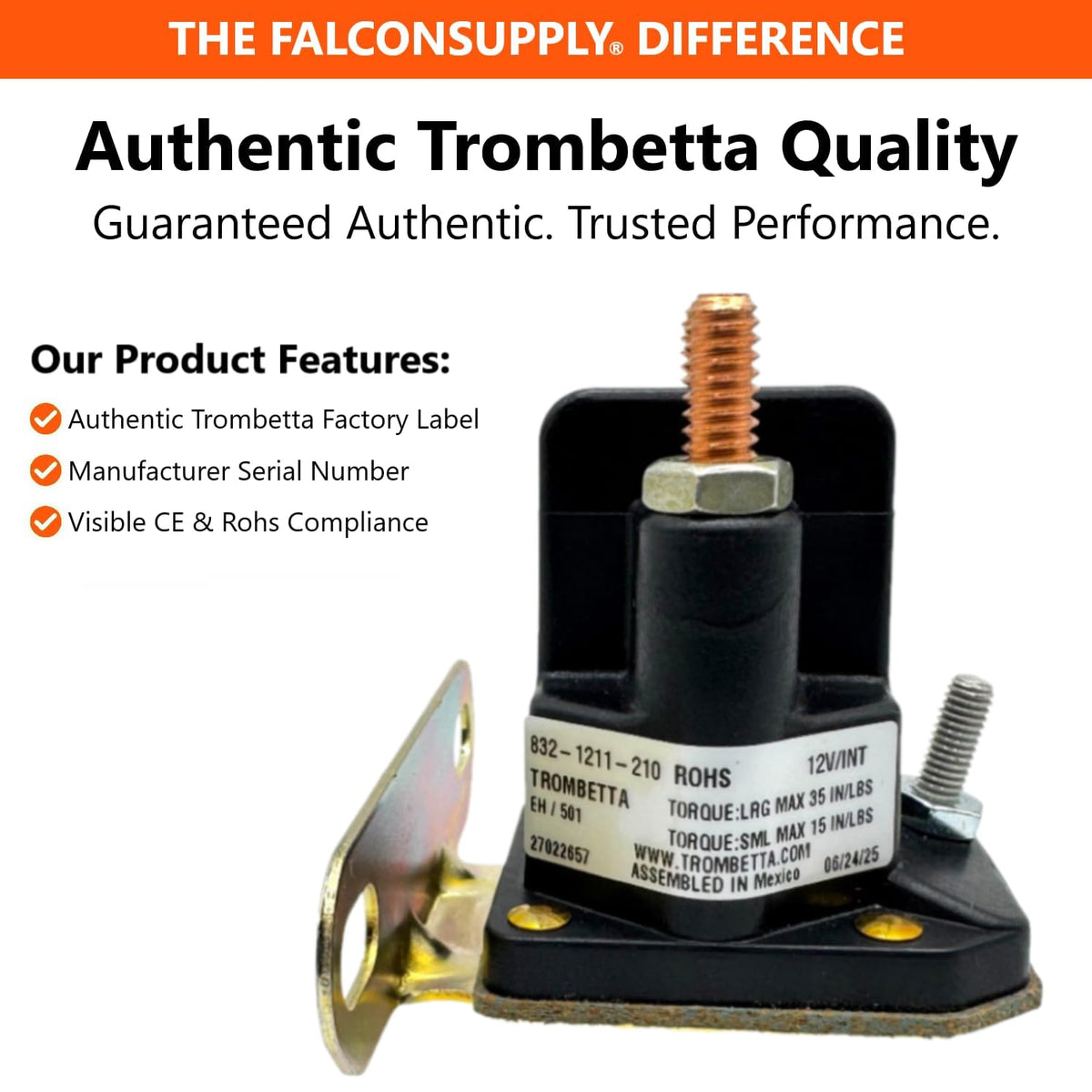 FalconSupply Trombetta solenoid close-up reveals robust three-terminal design for dependable starts.