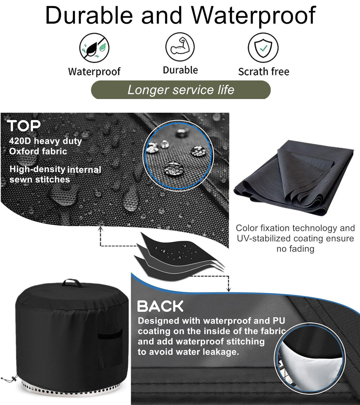 Falezern waterproof fire pit cover with PU coating resists sun and moisture.