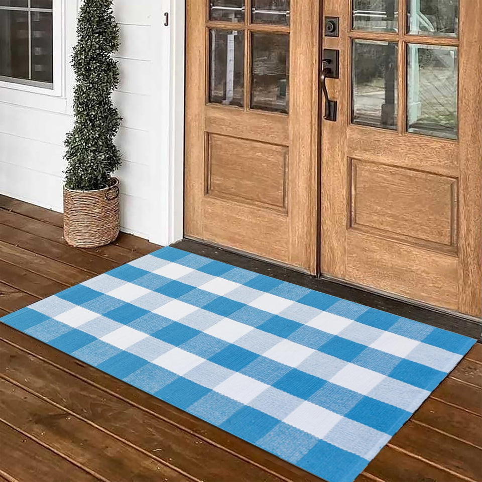 Fallovea Spring Rugs blue and white plaid full view for versatile indoor-outdoor decor