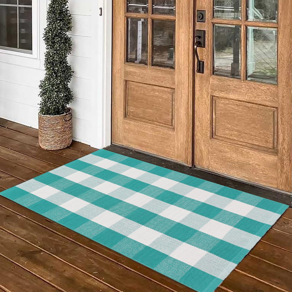 Fallovea front porch rug in green and white plaid, durable for outdoor entryways, daily use