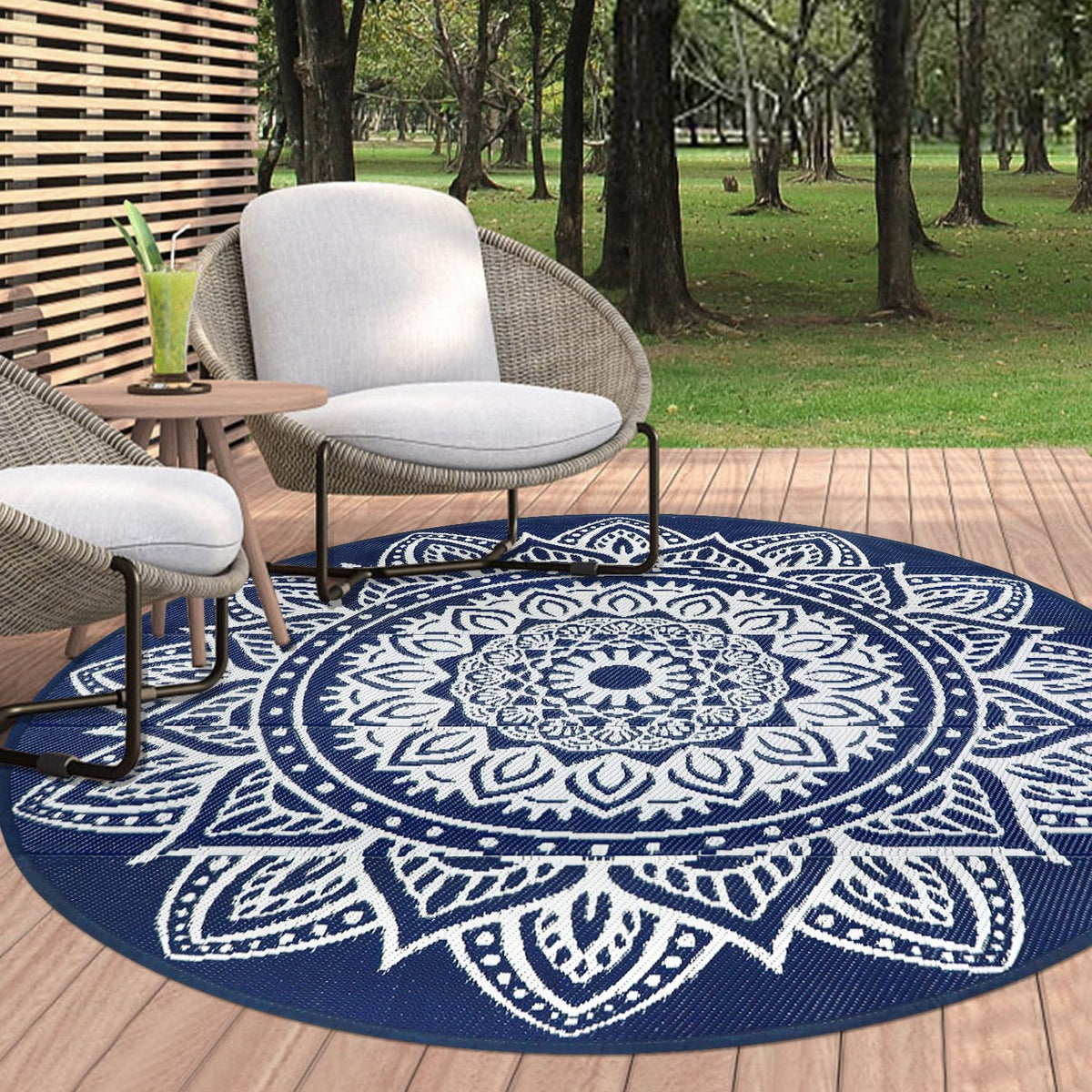 famibay 6ft round boho outdoor rug on patio; waterproof and quick-drying for outdoor use.