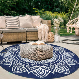 famibay reversible round rug; two patterns for instant patio styling.
