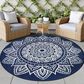 Famibay round outdoor rug boho design in dark blue for patios and porches, inviting spaces