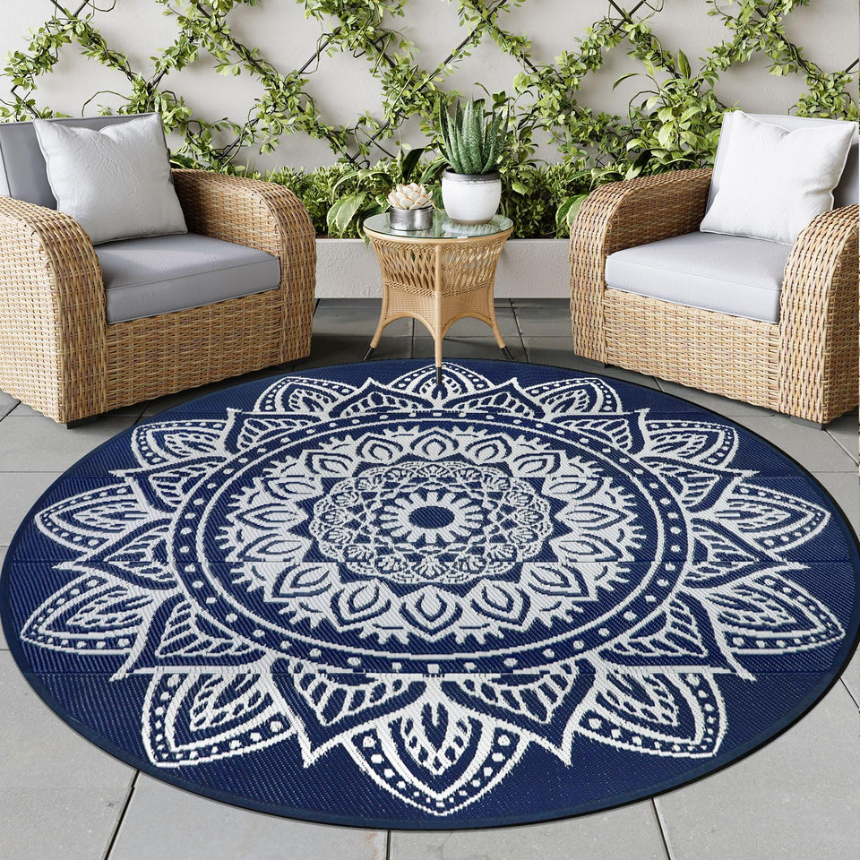 Famibay round outdoor rug boho design in dark blue for patios and porches, inviting spaces