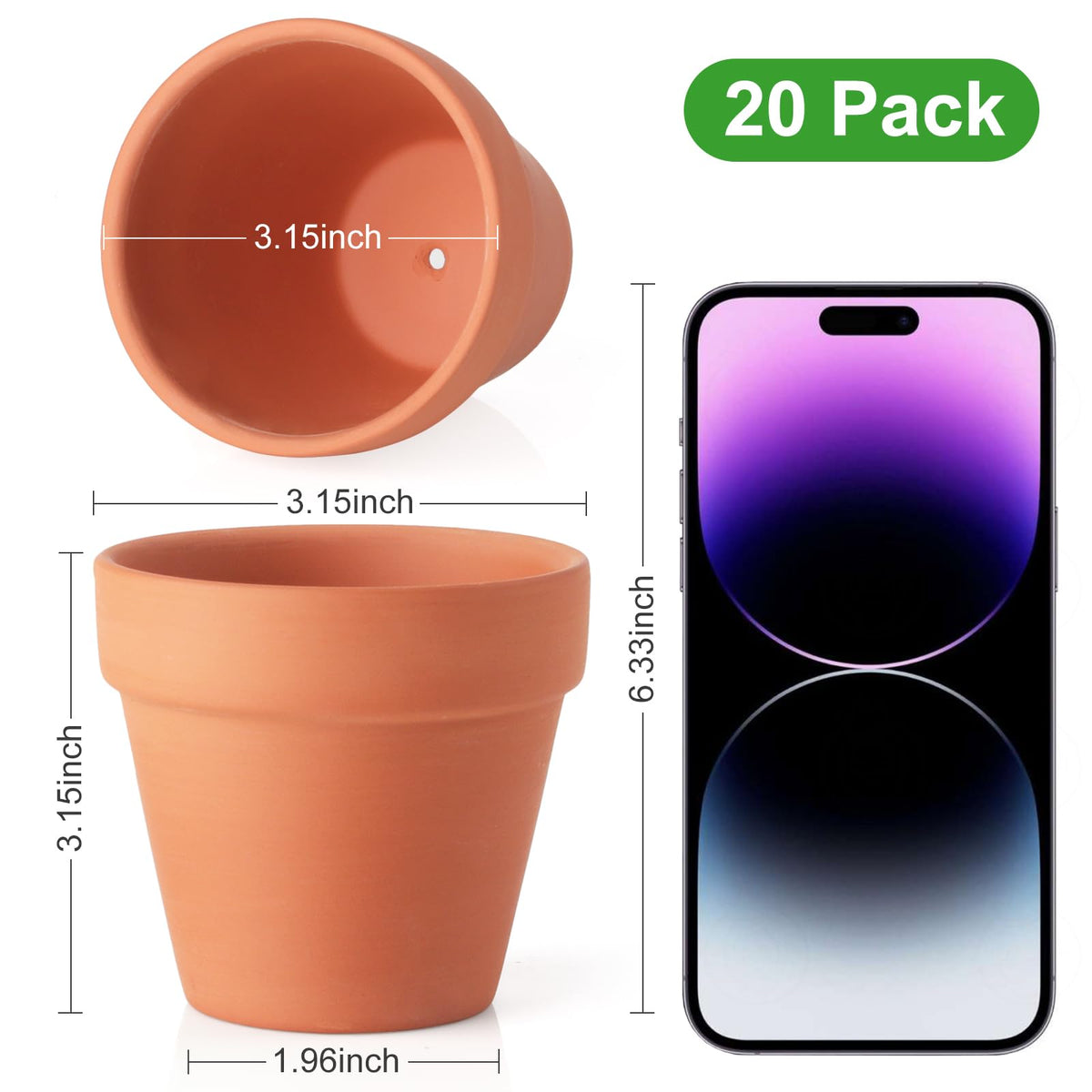 Family 20-pack terra cotta pot side view, versatile decor option.