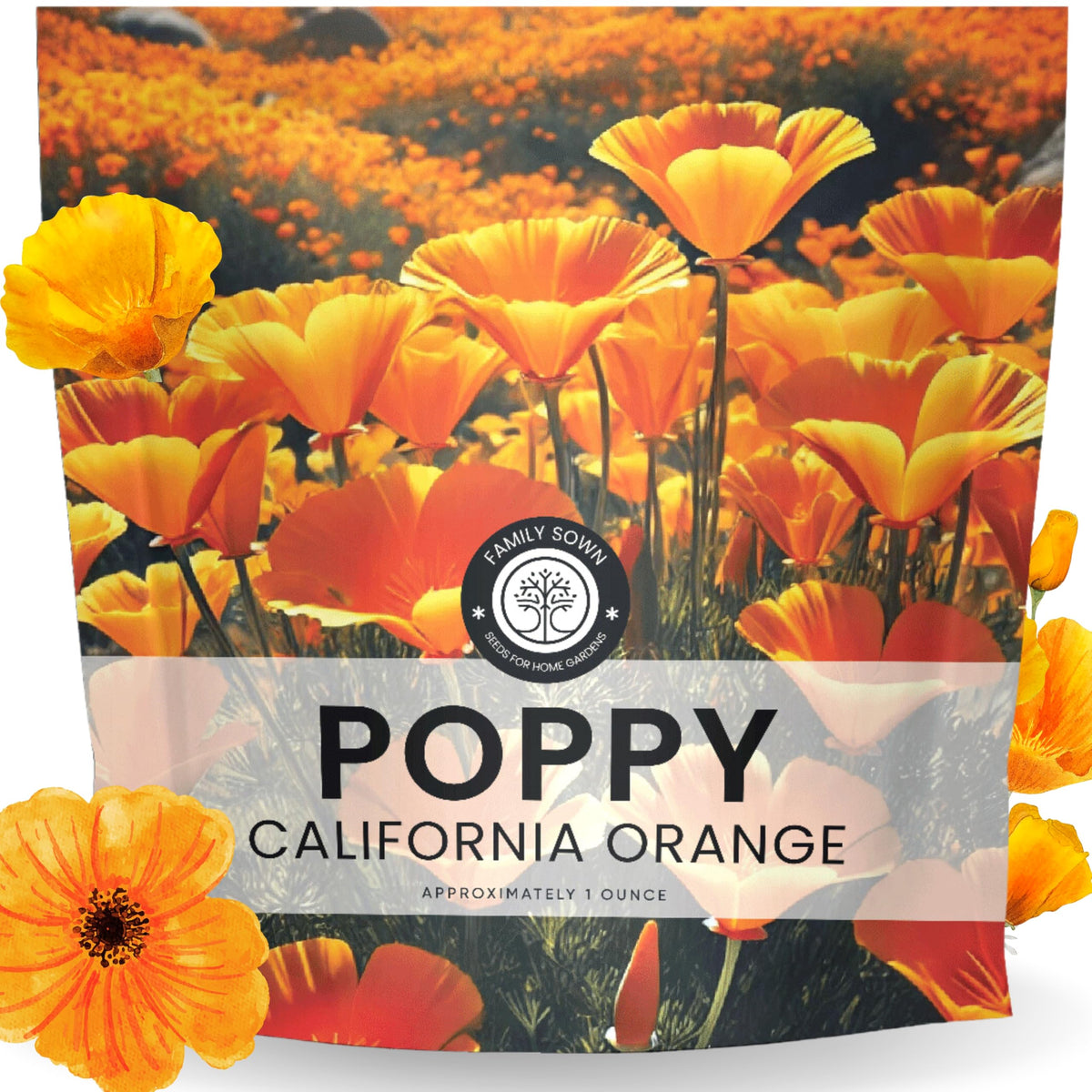 Family Sown California Poppy Orange seed packet front showing vibrant color for border planting