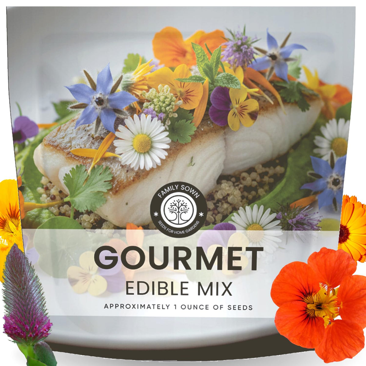 Family Sown Gourmet Edible Mix seed packet front, ready to start a colorful edible garden.