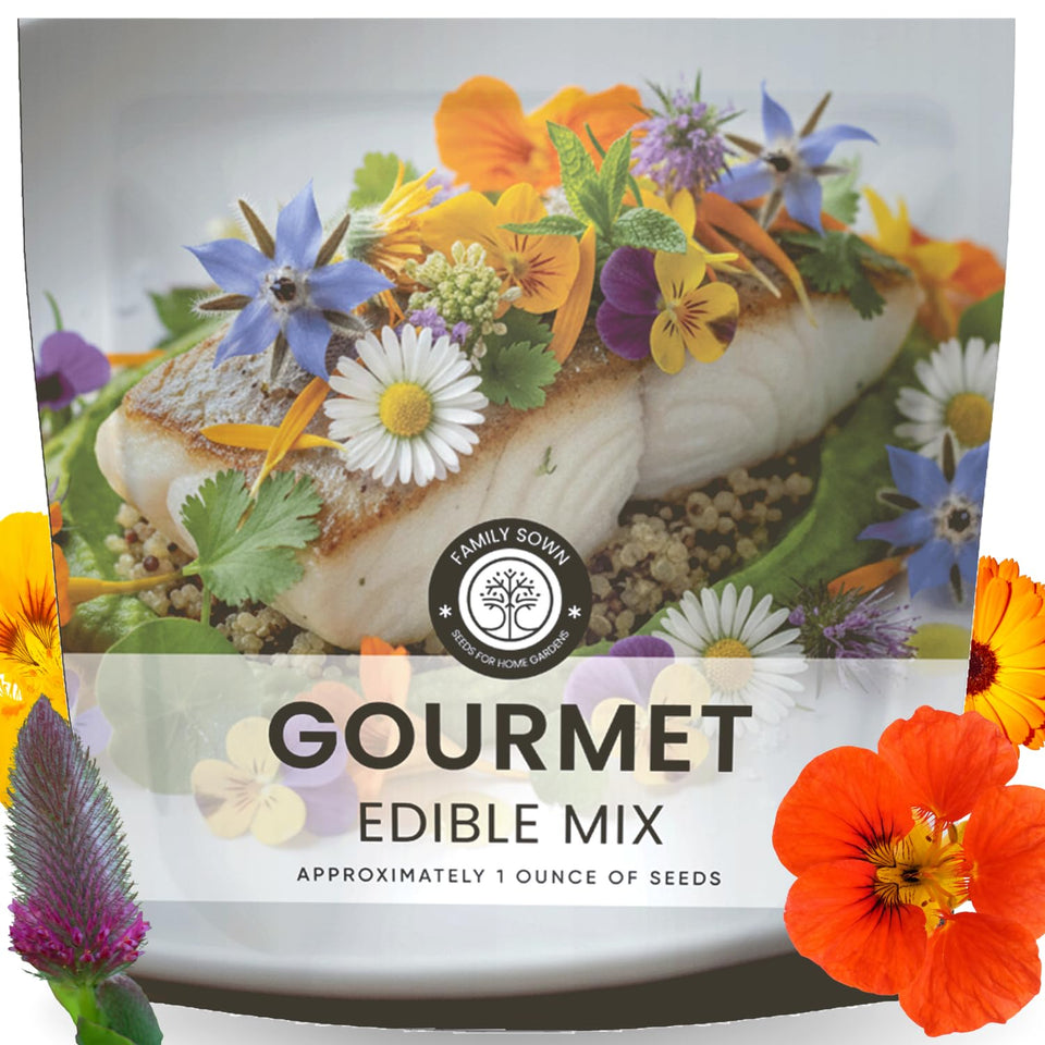 Family Sown Gourmet Edible Mix seed packet front, ready to start a colorful edible garden.