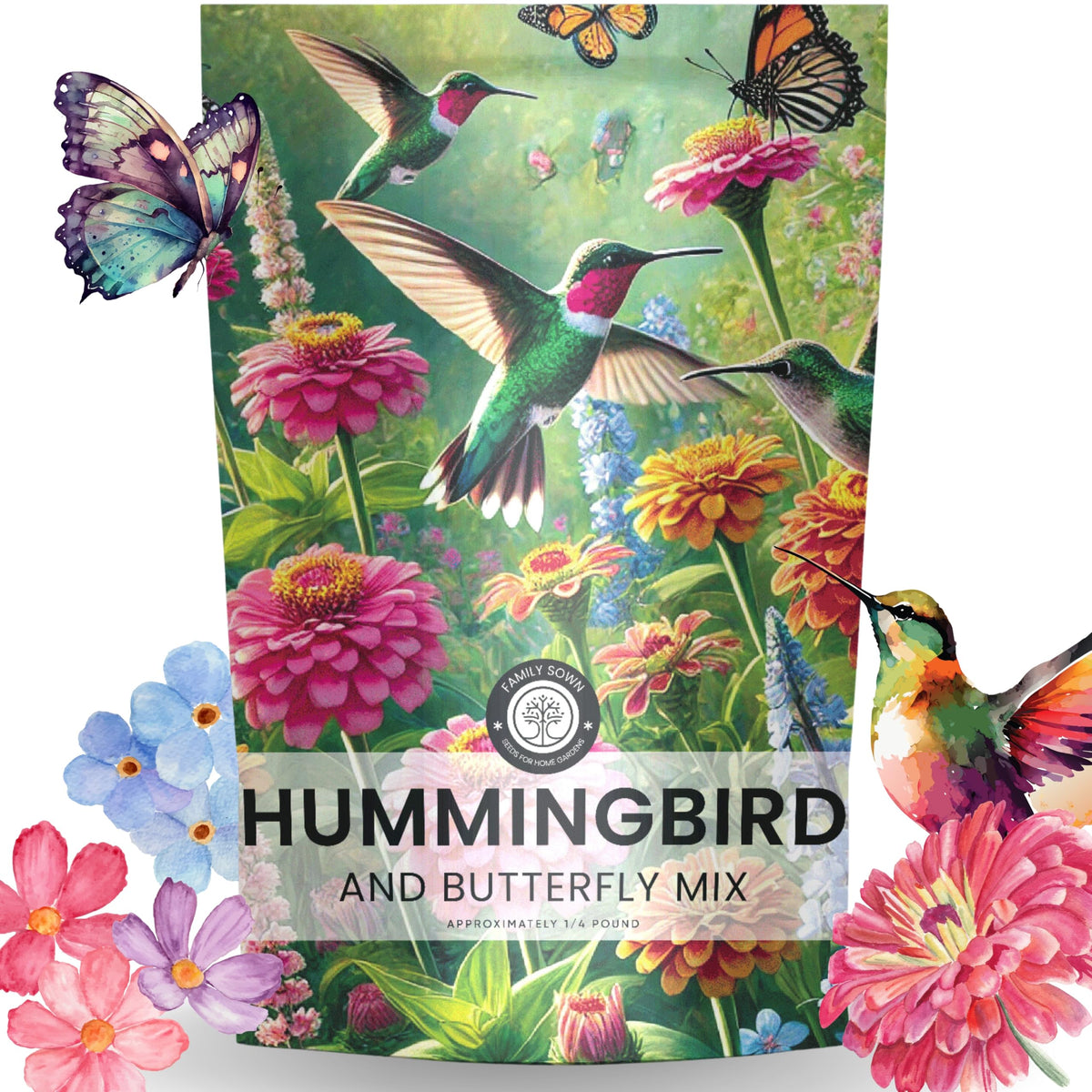 Family Sown Hummingbird Butterfly Mix bulk pouch front, pollinator-friendly planting