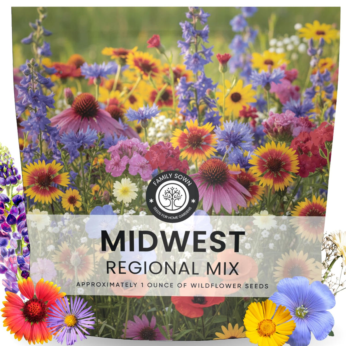 Family Sown Midwest Regional Mix seeds deliver 14,000 blooms for prairie-style mass planting.