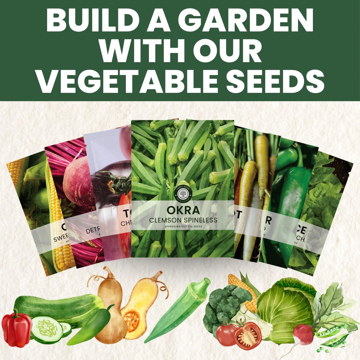 Family Sown Okra pods close-up highlights smooth texture and tender pods.