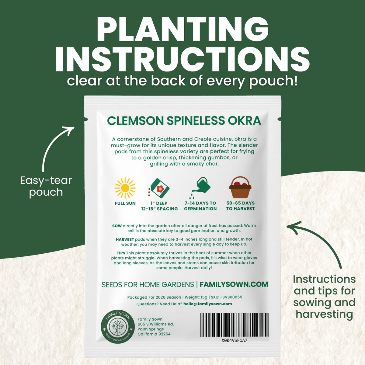 Family Sown Freshness-sealed 15g pouch preserves seed quality for reliable germination.