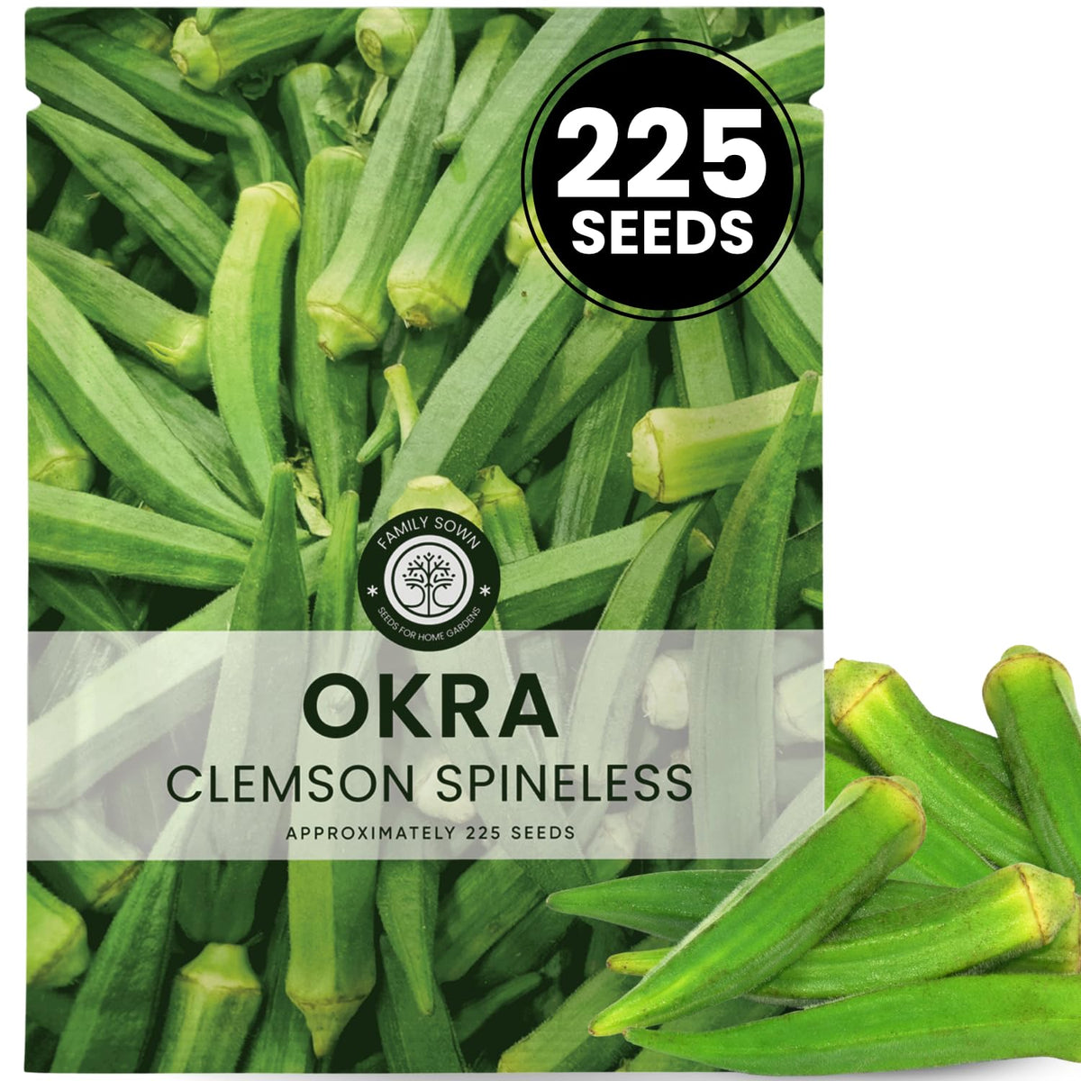 Family Sown Clemson Spineless okra seeds in front packet ready for planting in home gardens.