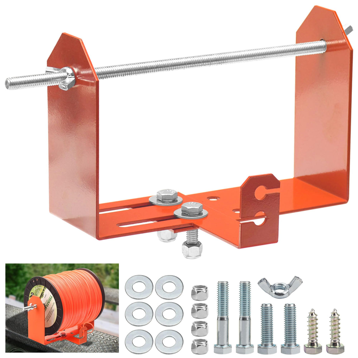 FancyTark weed wacker holder mounted on trailer for organized spools