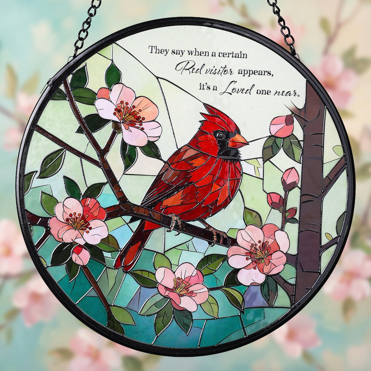 FancyPlus Cardinal Words Sun Catcher glows in windows adding warm color