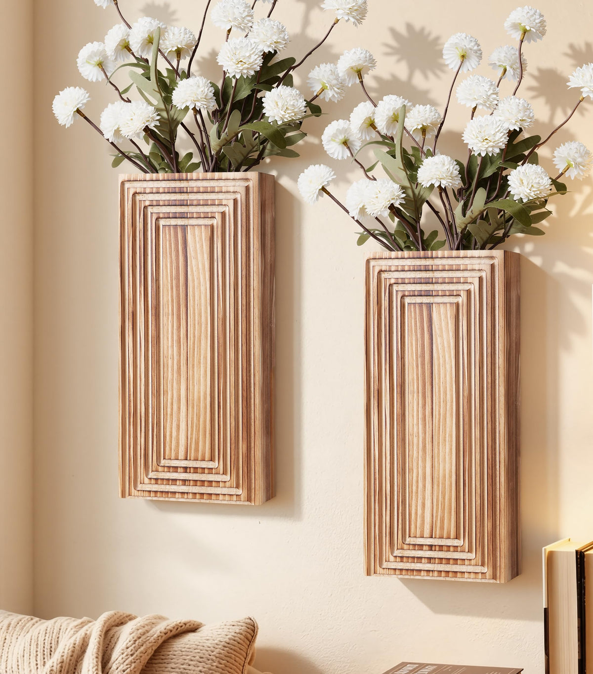 FancyPlus wooden wall vase 2-pack enhances living room decor with natural finish.